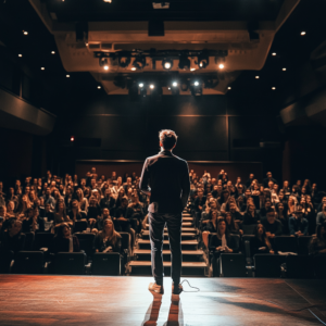 AI generated, male speaker standing on stage in front of a sitting audience and lights