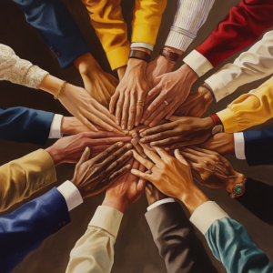 Ai generated many hands in a huddle, colorful