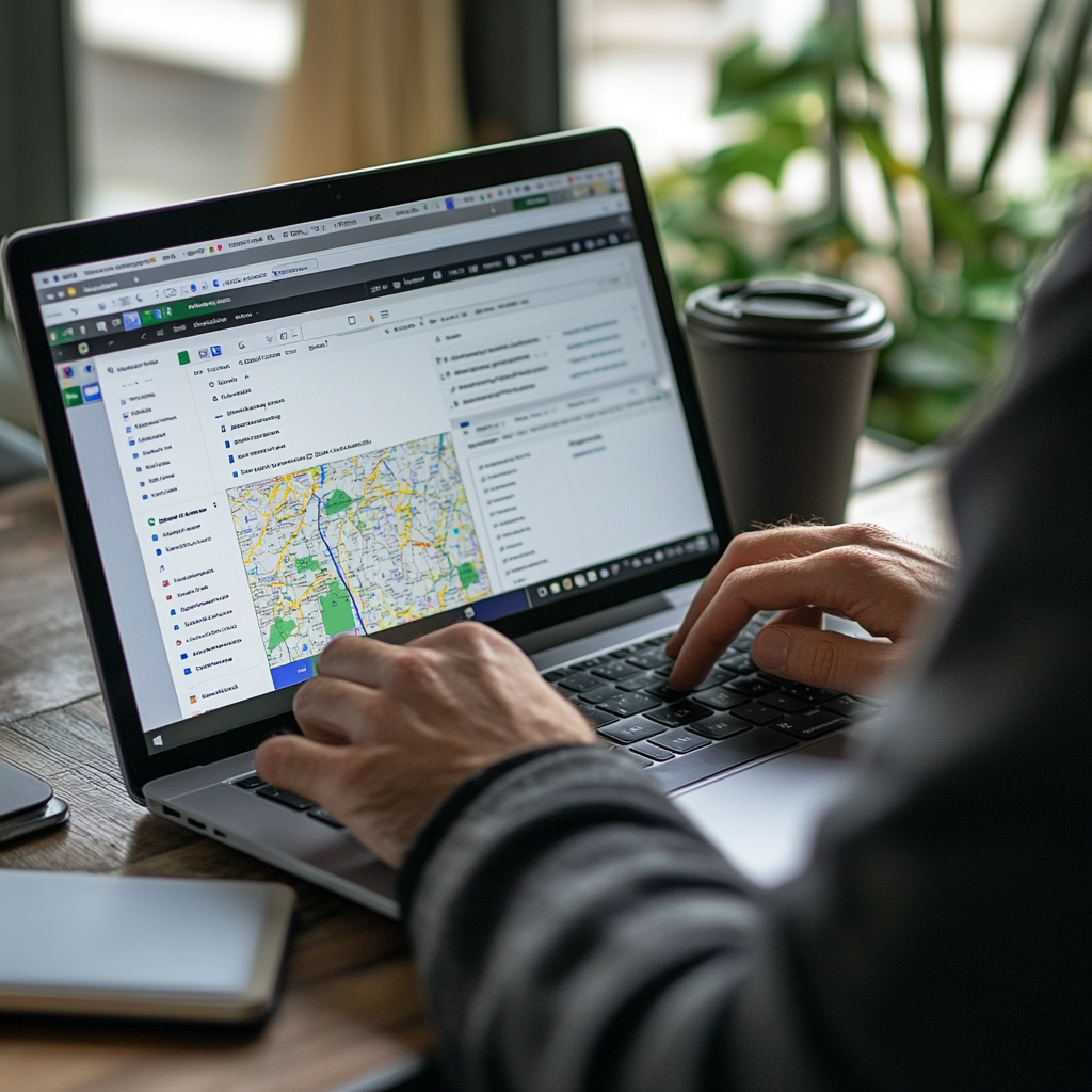 AI generated google sheets being used as a crm, include a google sheets map on laptop screen